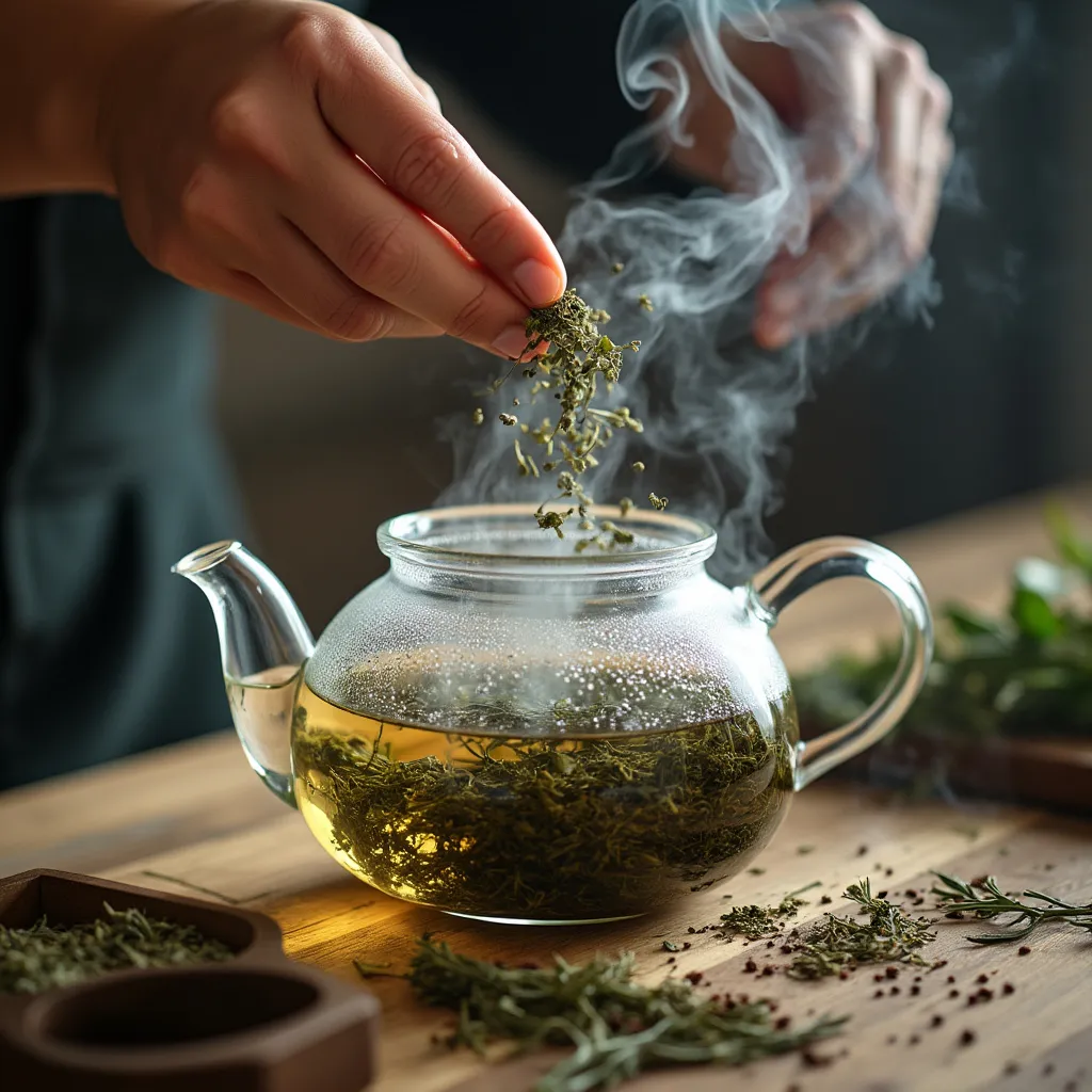 Ruce pečlivě připravující šálek aromatického bylinkového čaje