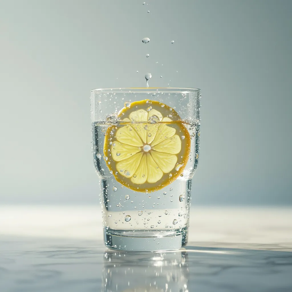 Sklenice čisté vody s citronem na světlém pozadí